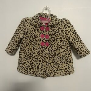 Leopard Print Kids Pea Coat with Pink Buttons